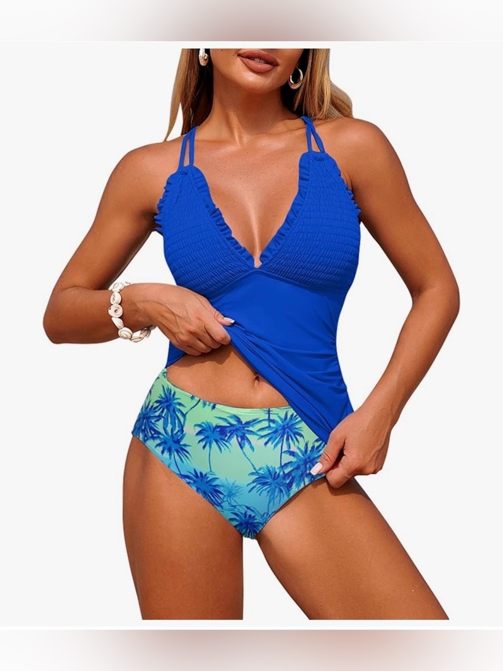 ZAFUL Tankini 1 Piece Bathing Suits Modest Blue Green Swimwear Bottom Size S